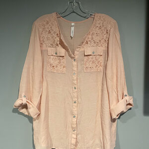 NY Collection Pink Banded V-Neck Long Sleeve Button Front Lace Top